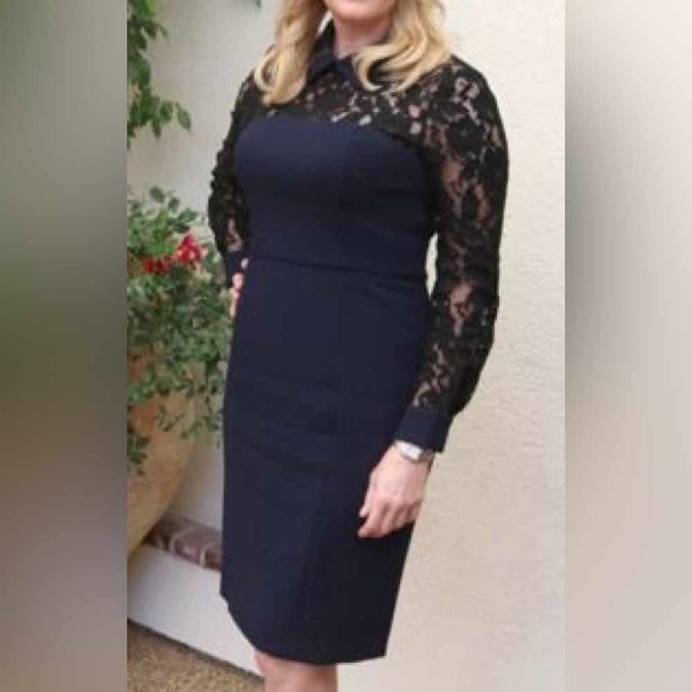 BADGLEY MISCHKA Navy with Black Lace Collared Crepe Sheath Dress sz 10